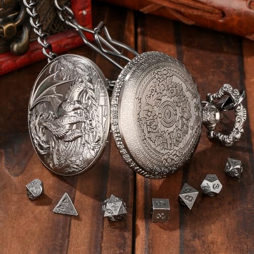 Keller & Weber Mini DND Dice Set with Steampunk Dragon Pocket Watch Case - Dark Silver 7-Piece Polyhedral Metal Dice for Role Playing Games