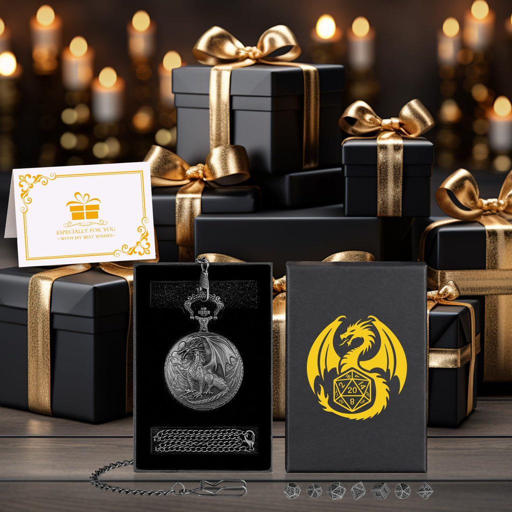 Keller & Weber Mini DND Dice Set with Steampunk Dragon Pocket Watch Case - Dark Silver 7-Piece Polyhedral Metal Dice for Role Playing Games