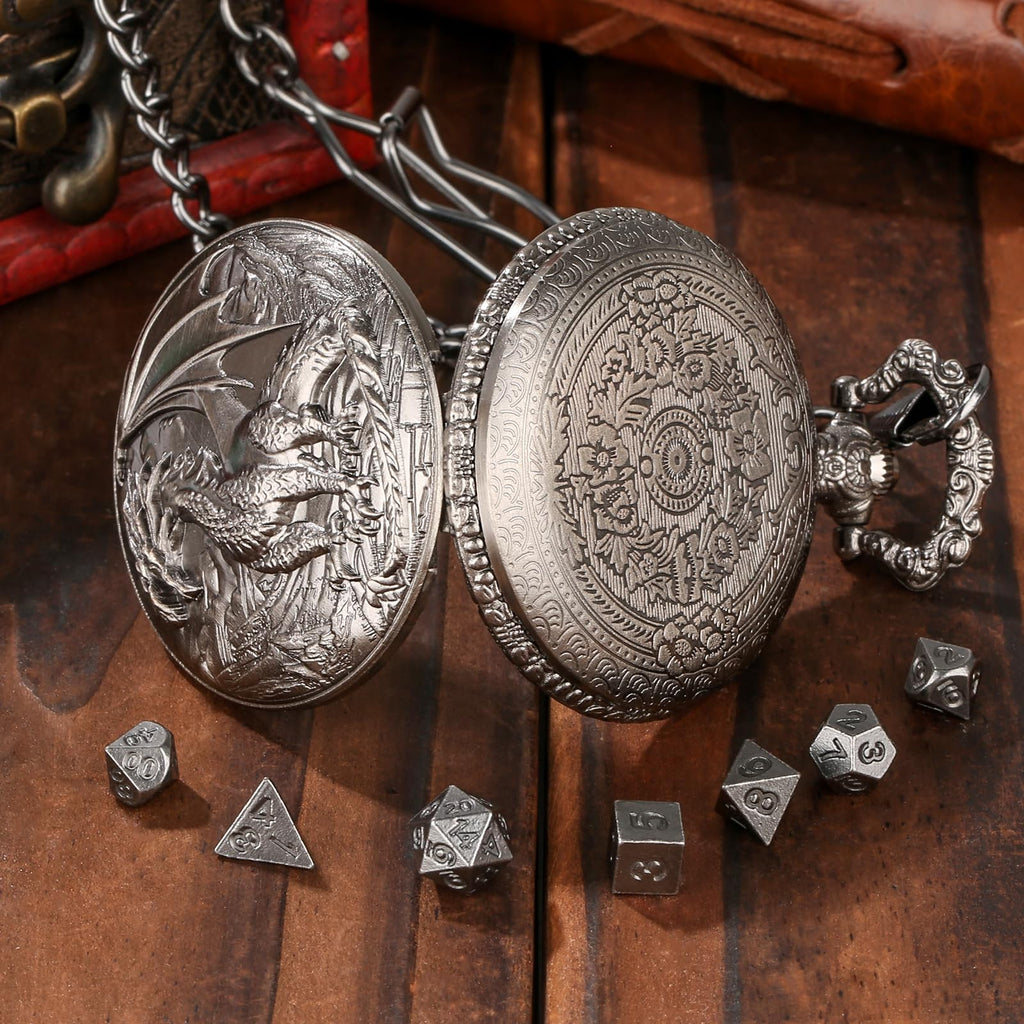 Keller & Weber Mini DND Dice Set with Steampunk Dragon Pocket Watch Case - Dark Silver 7-Piece Polyhedral Metal Dice for Role Playing Games