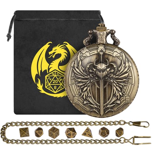 Keller & Weber Mini DND Dice Set with Steampunk Paladin Pocket Watch Case - 7 Polyhedral Metal Dice in Bronze, with Gift Bag