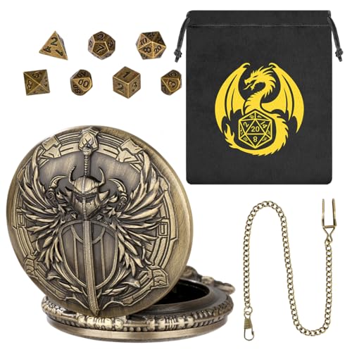 Keller & Weber Mini DND Dice Set with Steampunk Paladin Pocket Watch Case - 7 Polyhedral Metal Dice in Bronze, with Gift Bag