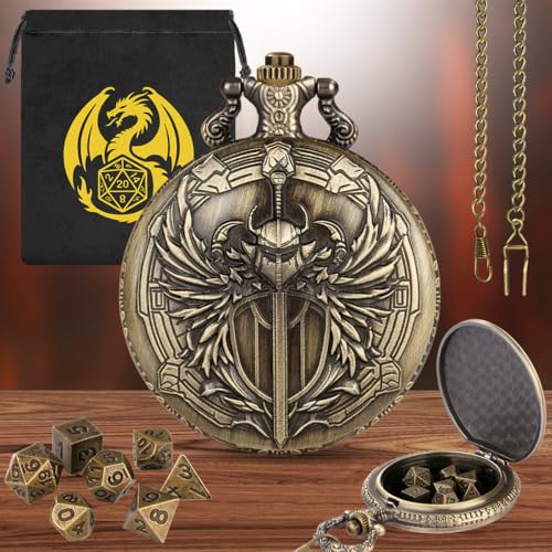 Keller & Weber Mini DND Dice Set with Steampunk Paladin Pocket Watch Case - 7 Polyhedral Metal Dice in Bronze, with Gift Bag