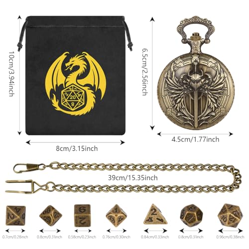 Keller & Weber Mini DND Dice Set with Steampunk Paladin Pocket Watch Case - 7 Polyhedral Metal Dice in Bronze, with Gift Bag