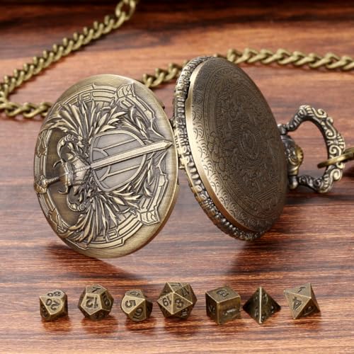 Keller & Weber Mini DND Dice Set with Steampunk Paladin Pocket Watch Case - 7 Polyhedral Metal Dice in Bronze, with Gift Bag