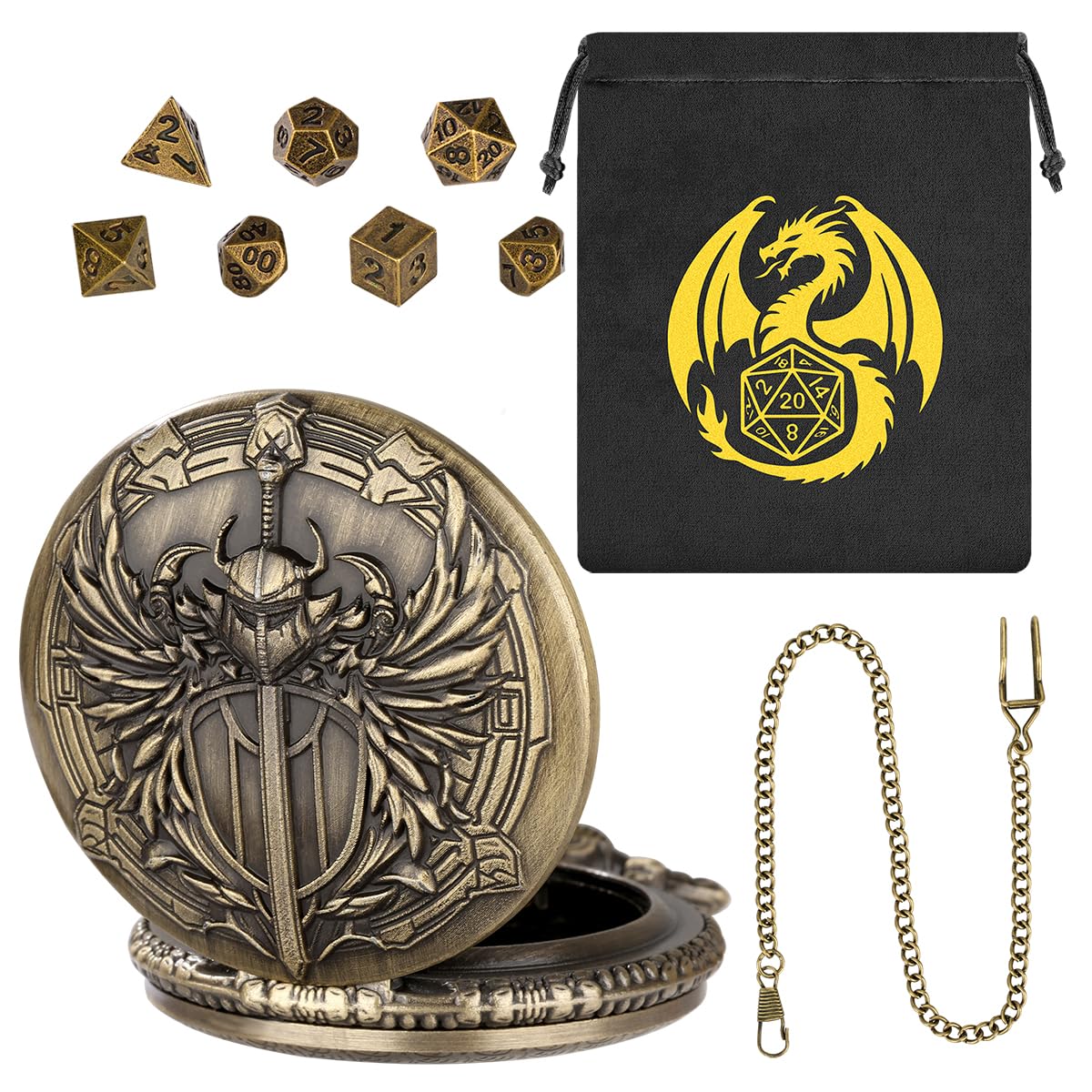 Keller & Weber Mini DND Dice Set with Steampunk Paladin Pocket Watch Case - 7 Polyhedral Metal Dice in Bronze, with Gift Bag