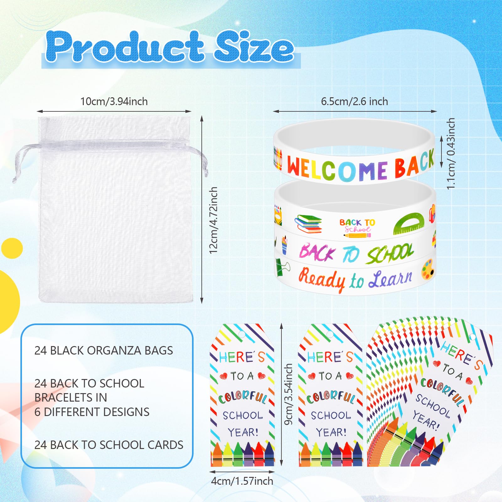 Kenning 72-Piece Welcome Back to School Rubber Bracelet Gift Set with Organza Bags and Tags (White)