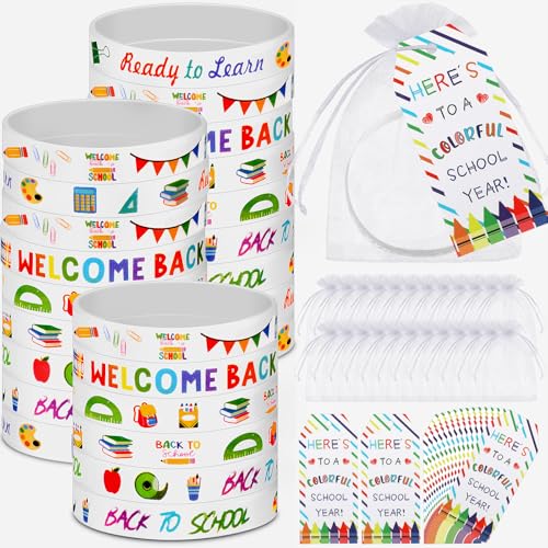 Kenning 72-Piece Welcome Back to School Rubber Bracelet Gift Set with Organza Bags and Tags (White)