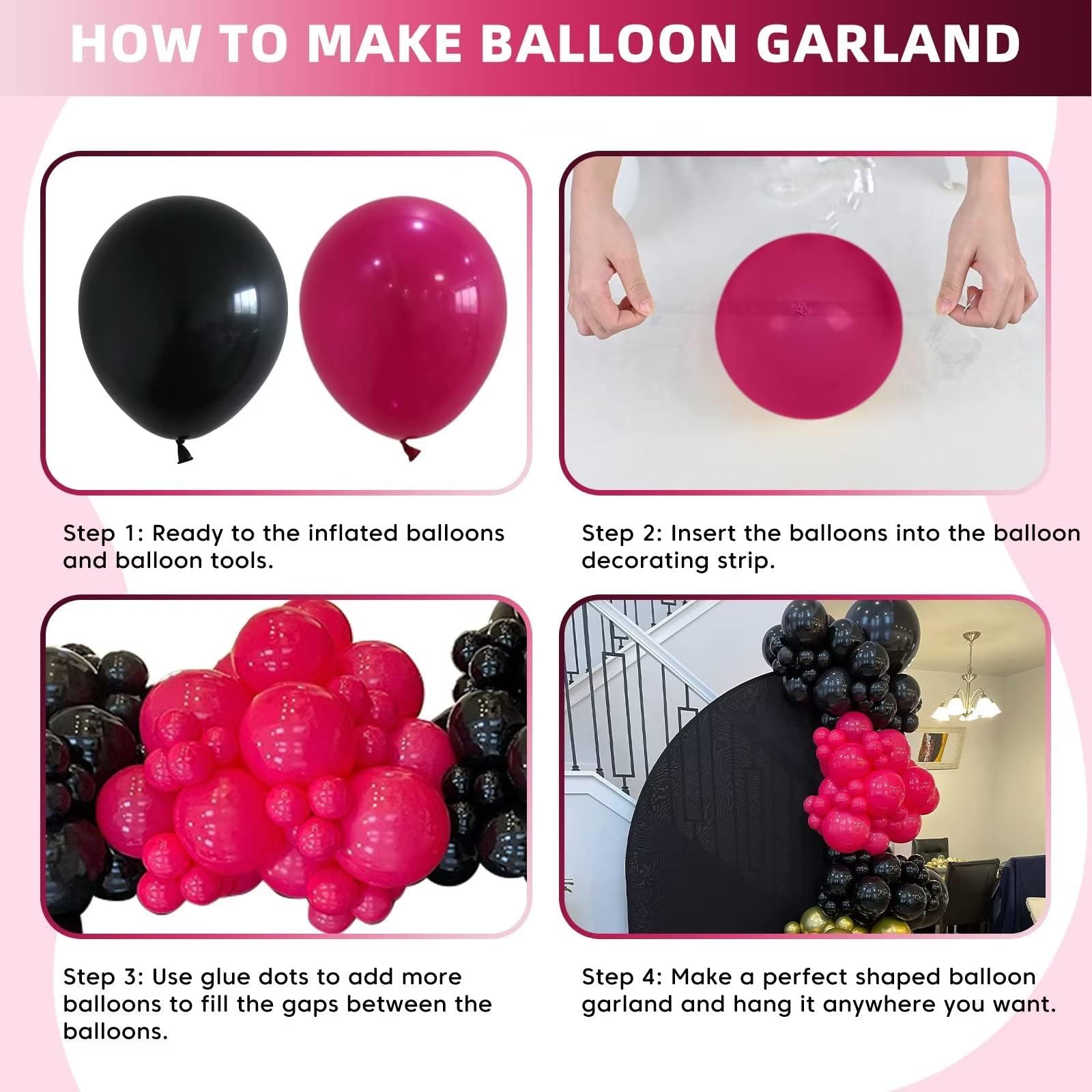 KEPMOV 100 Pcs Hot Pink & Black Balloon Arch Kit – 18/12/10/5 Inch Latex Balloons for Party Decorations