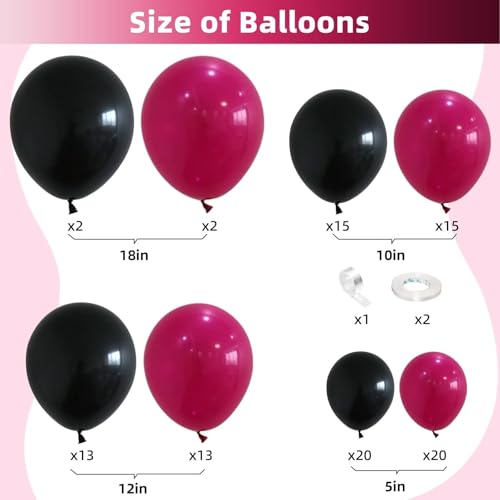 KEPMOV 100 Pcs Hot Pink & Black Balloon Arch Kit – 18/12/10/5 Inch Latex Balloons for Party Decorations