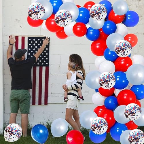 KEPMOV 130-Piece Red White and Blue Balloon Arch Kit – Pearl Royal Blue, Light Blue, Red & White Confetti Balloons for Patriotic Celebrations