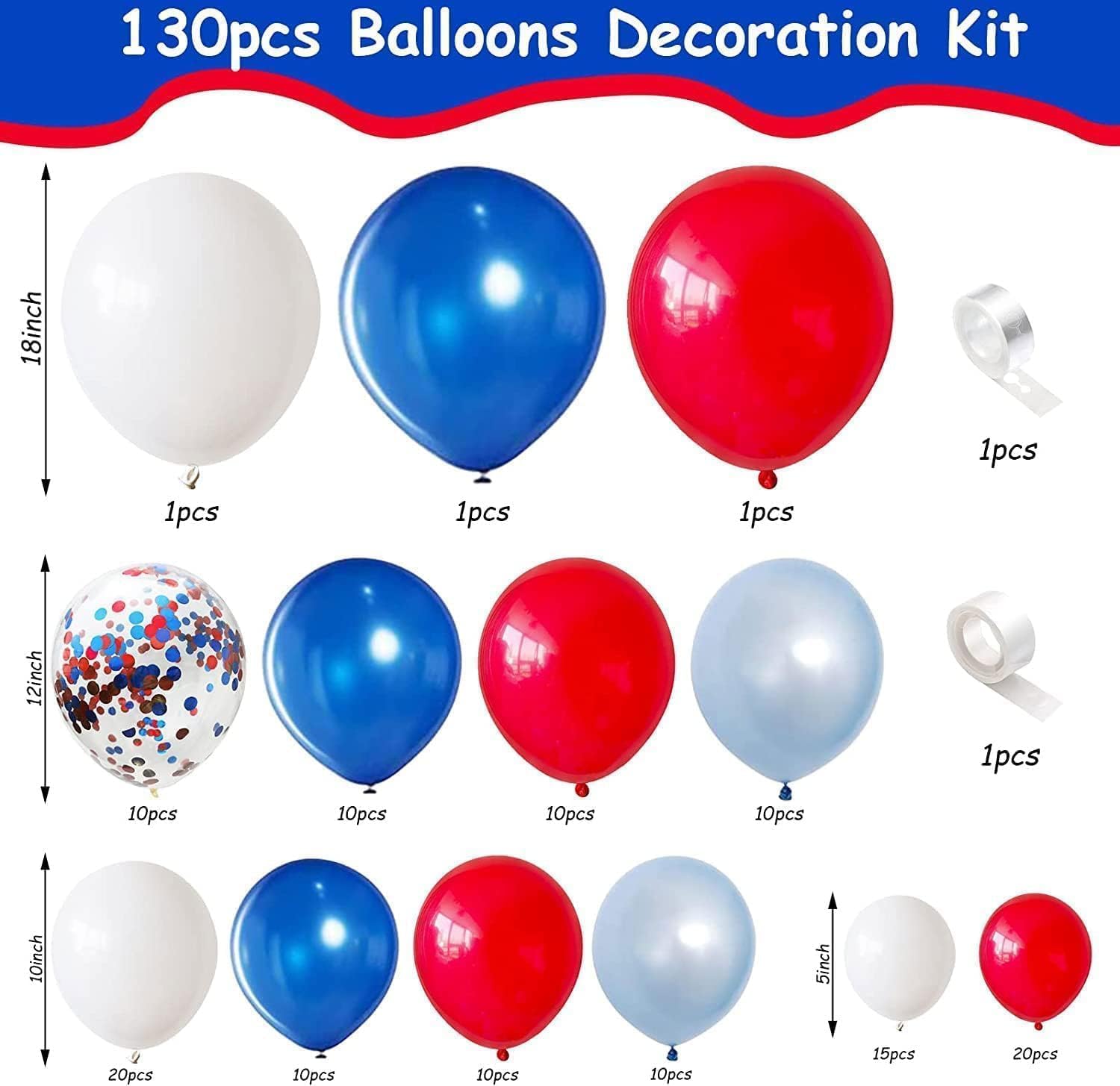 KEPMOV 130-Piece Red White and Blue Balloon Arch Kit – Pearl Royal Blue, Light Blue, Red & White Confetti Balloons for Patriotic Celebrations