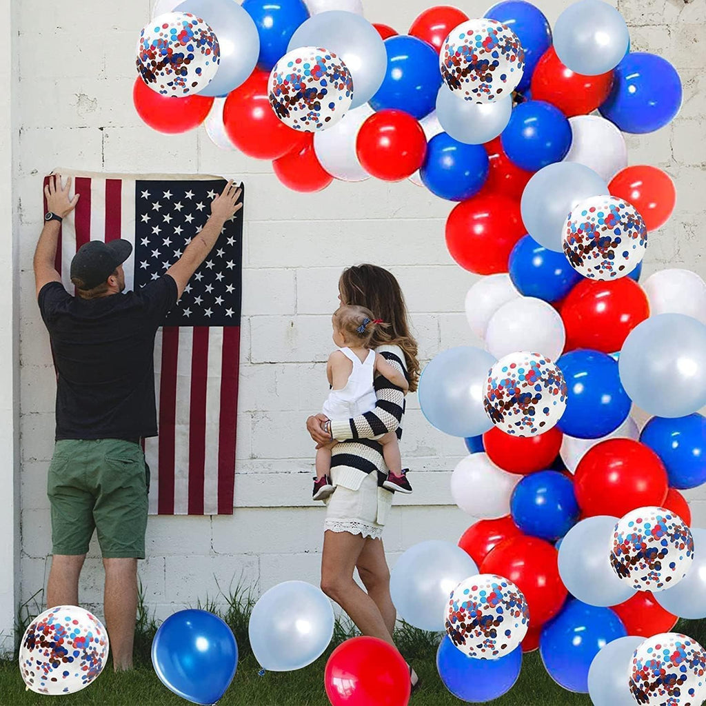 KEPMOV 130-Piece Red White and Blue Balloon Arch Kit – Pearl Royal Blue, Light Blue, Red & White Confetti Balloons for Patriotic Celebrations
