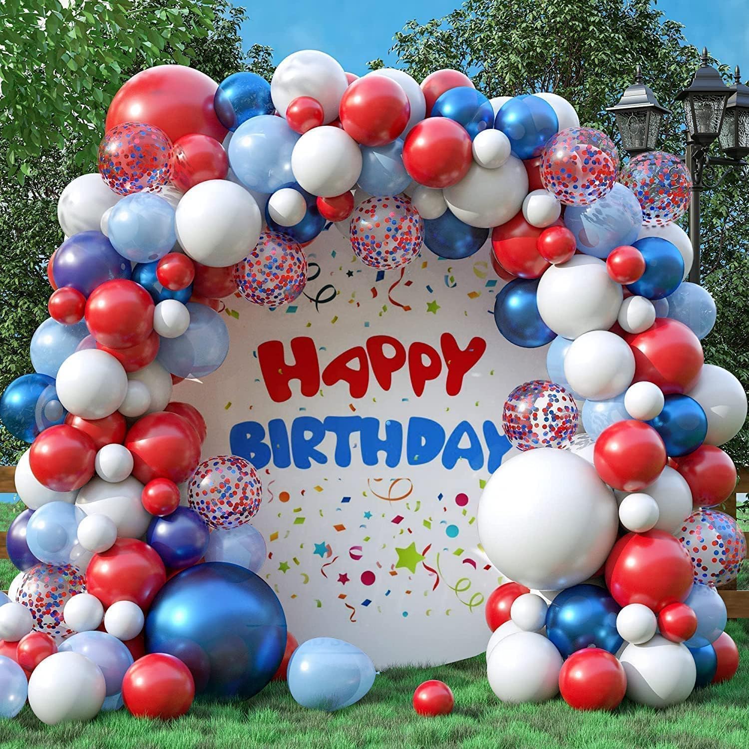 KEPMOV 130-Piece Red White and Blue Balloon Arch Kit – Pearl Royal Blue, Light Blue, Red & White Confetti Balloons for Patriotic Celebrations