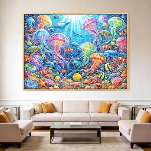 Kepovin 1000-Piece Jellyfish Puzzle for Adults – Colorful Ocean Life Jigsaw with Letter Guide