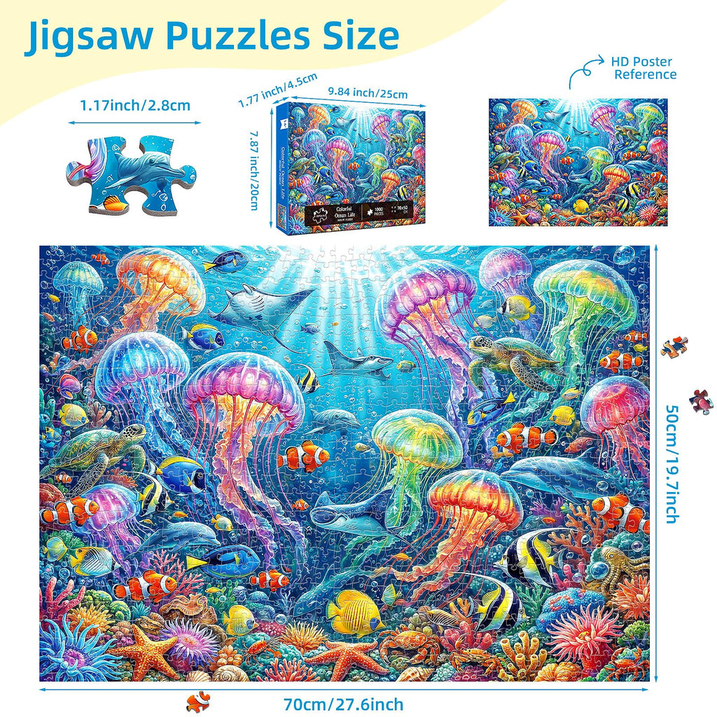 Kepovin 1000-Piece Jellyfish Puzzle for Adults – Colorful Ocean Life Jigsaw with Letter Guide