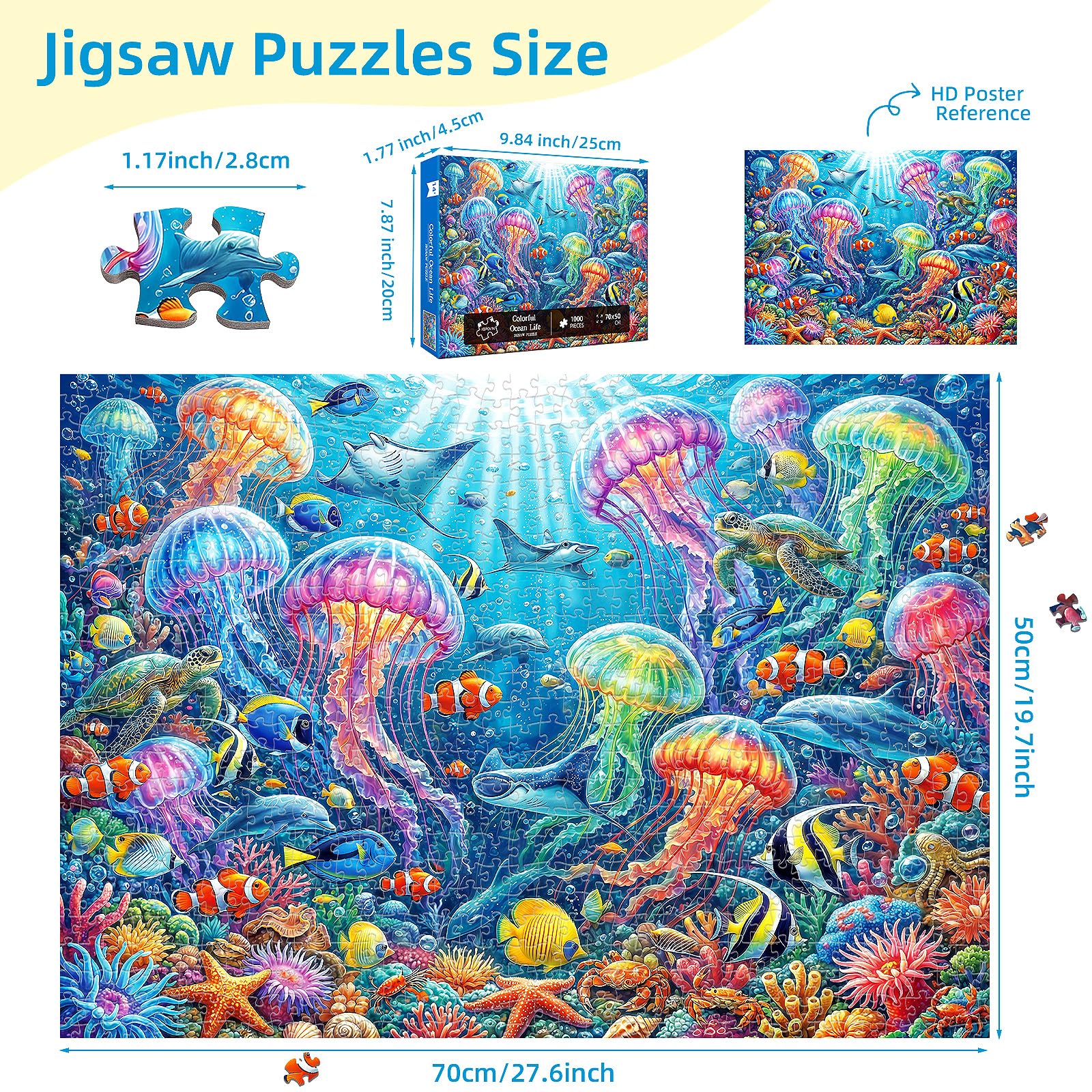 Kepovin 1000-Piece Jellyfish Puzzle for Adults – Colorful Ocean Life Jigsaw with Letter Guide