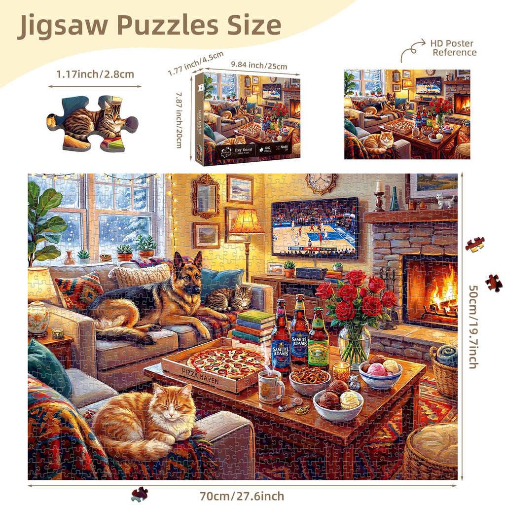 kepovin 1000 Piece Jigsaw Puzzle for Adults – Cozy Winter Living Room Scene, No Glare Ink, Letter Guide on Back