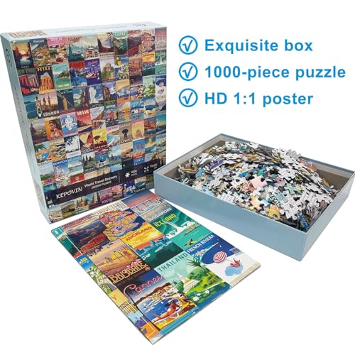 kepovin 1000 Piece Vintage World Travel Jigsaw Puzzle – 90 Landmarks with Poster
