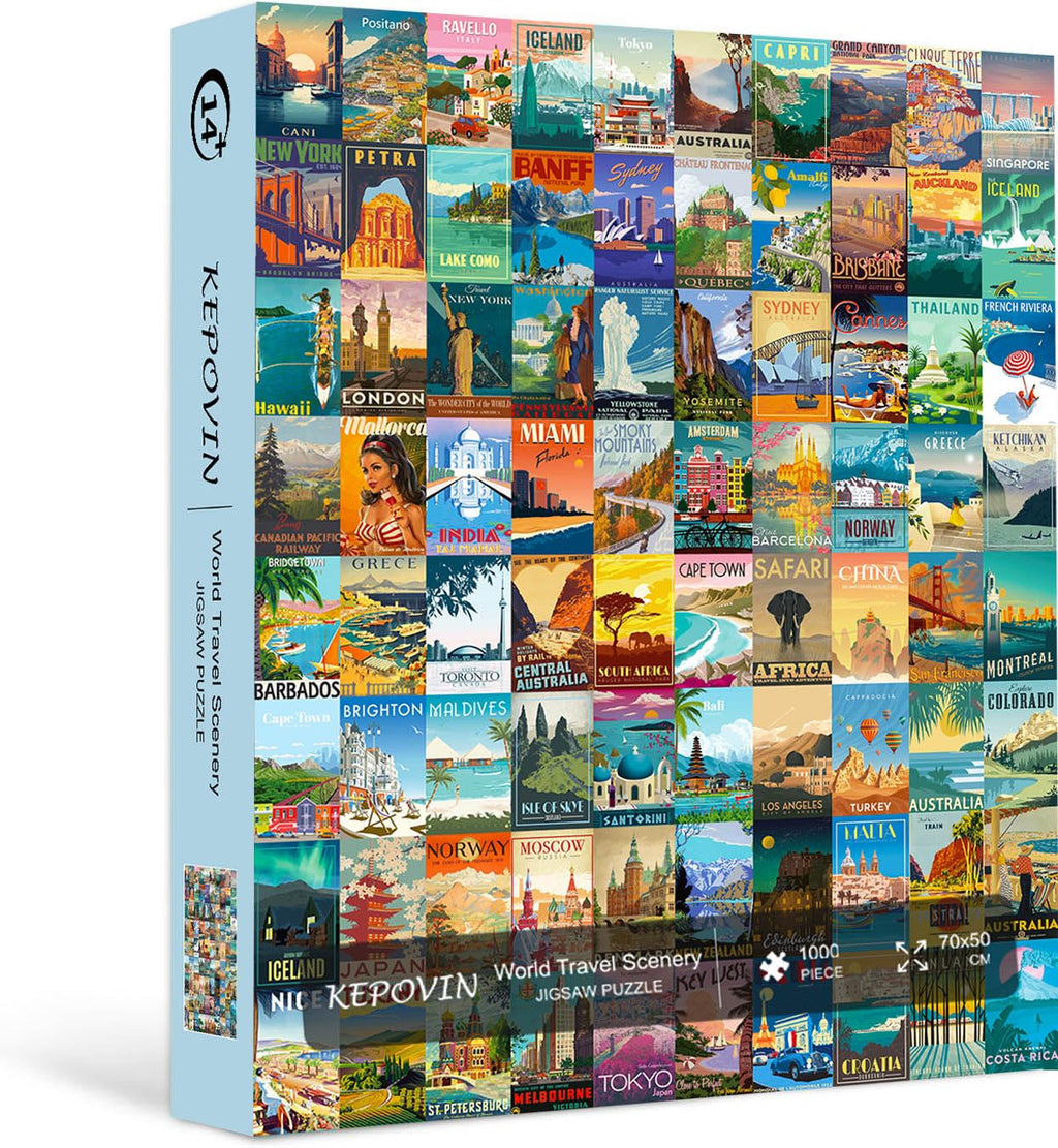 kepovin 1000 Piece Vintage World Travel Jigsaw Puzzle – 90 Landmarks with Poster