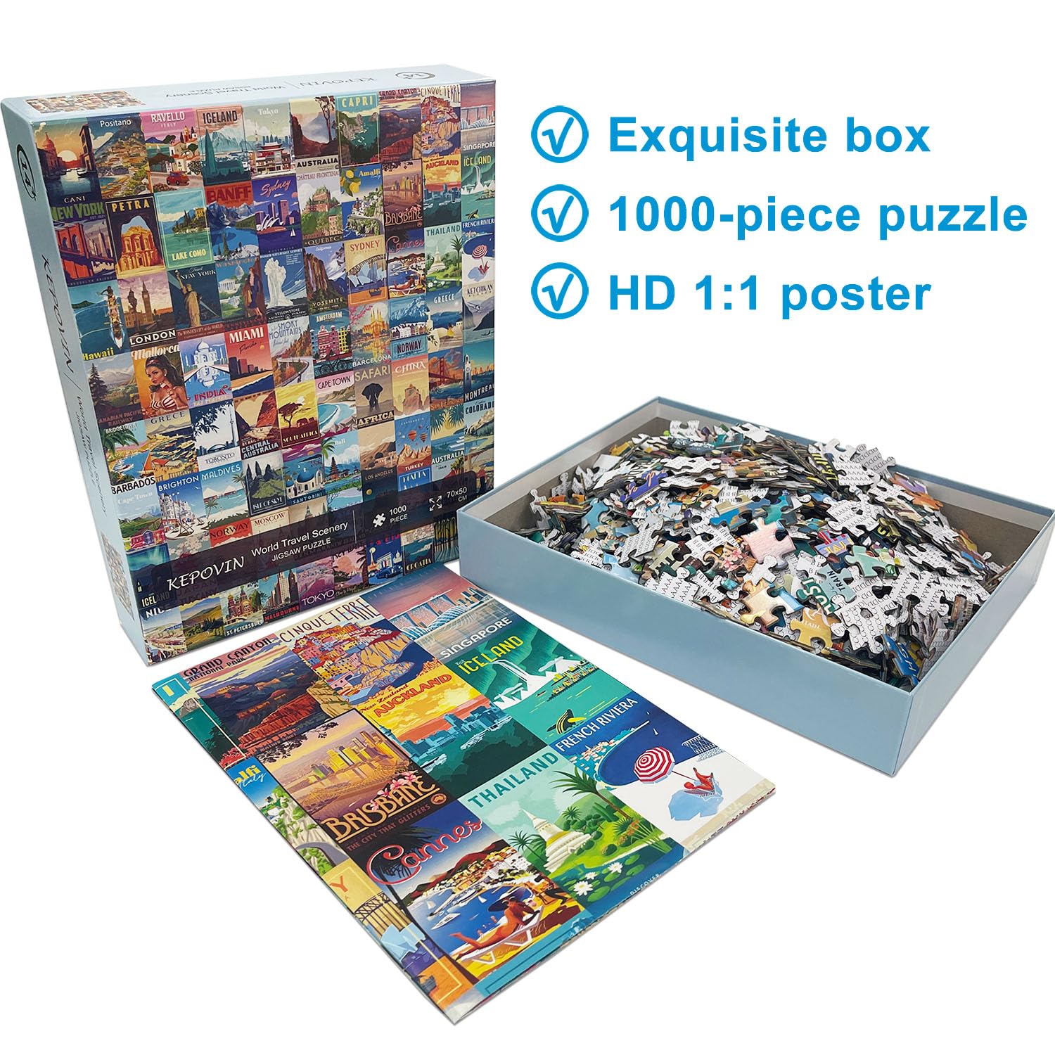 kepovin 1000 Piece Vintage World Travel Jigsaw Puzzle – 90 Landmarks with Poster
