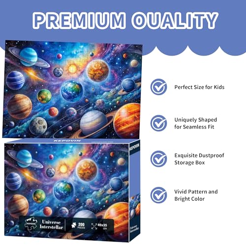 kepovin 200-Piece Solar System Jigsaw Puzzle for Kids Ages 6-8 8-10 10-12 – Educational Space Toy for Boys and Girls