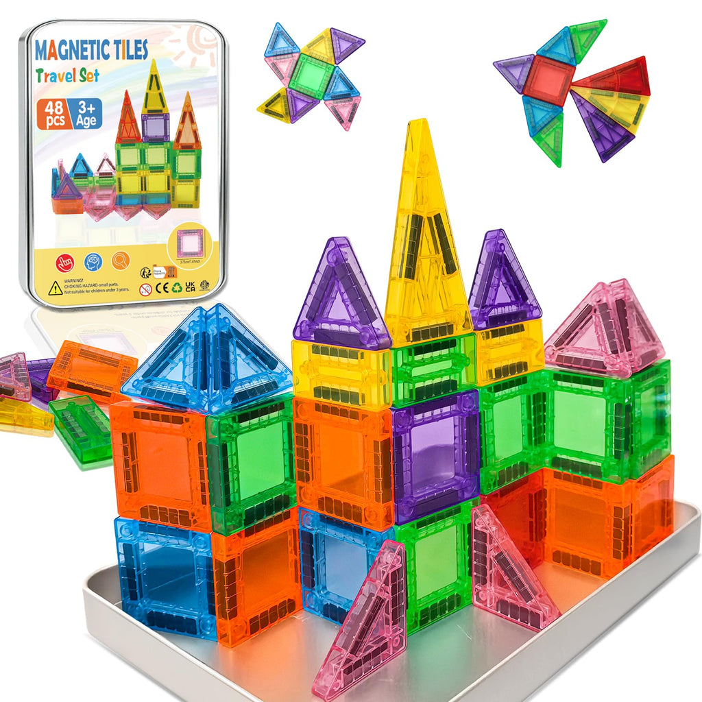 Kerhitoy 48-Piece Mini Magnetic Tiles Travel Set with Metal Box – STEM Building Blocks for Kids Ages 3-8