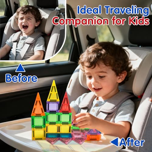 Kerhitoy 48-Piece Mini Magnetic Tiles Travel Set with Metal Box – STEM Building Blocks for Kids Ages 3-8
