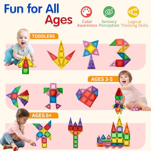 Kerhitoy 48-Piece Mini Magnetic Tiles Travel Set with Metal Box – STEM Building Blocks for Kids Ages 3-8
