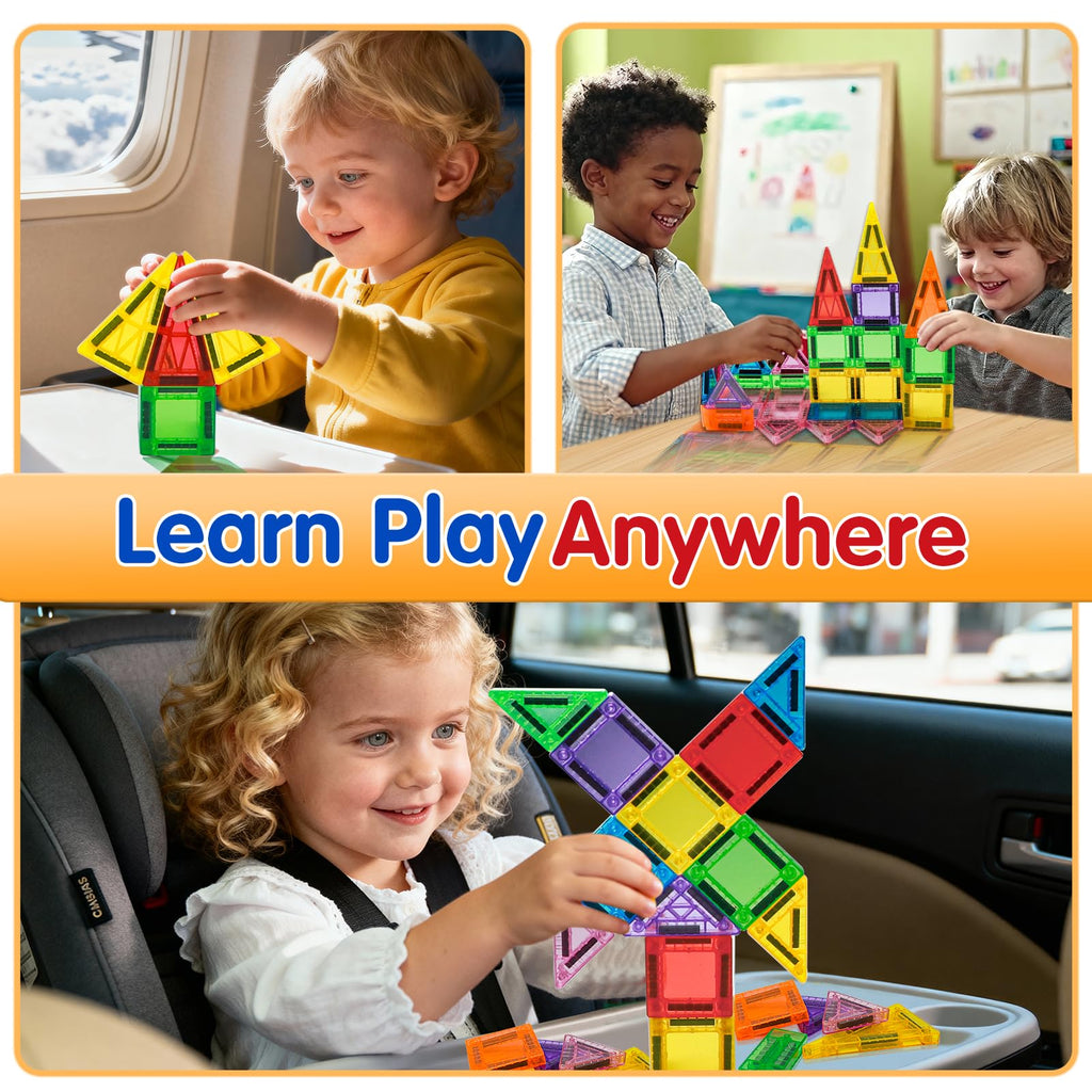 Kerhitoy 48-Piece Mini Magnetic Tiles Travel Set with Metal Box – STEM Building Blocks for Kids Ages 3-8