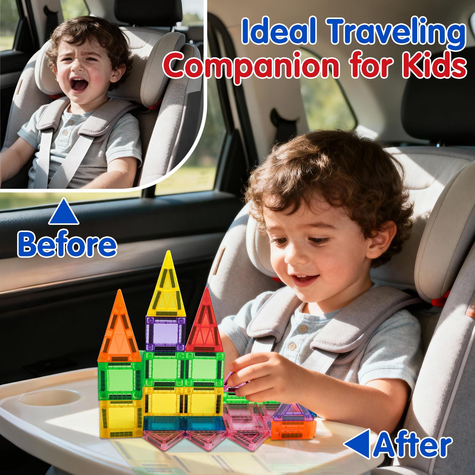 Kerhitoy 48-Piece Mini Magnetic Tiles Travel Set with Metal Box – STEM Building Blocks for Kids Ages 3-8