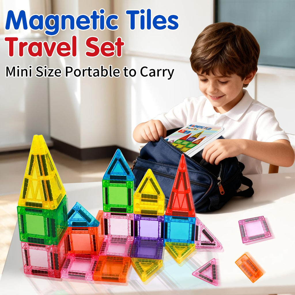 Kerhitoy 48-Piece Mini Magnetic Tiles Travel Set with Metal Box – STEM Building Blocks for Kids Ages 3-8