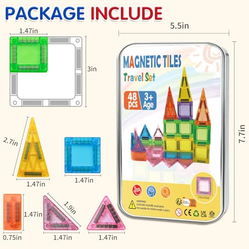 Kerhitoy 48-Piece Mini Magnetic Tiles Travel Set with Metal Box – STEM Building Blocks for Kids Ages 3-8
