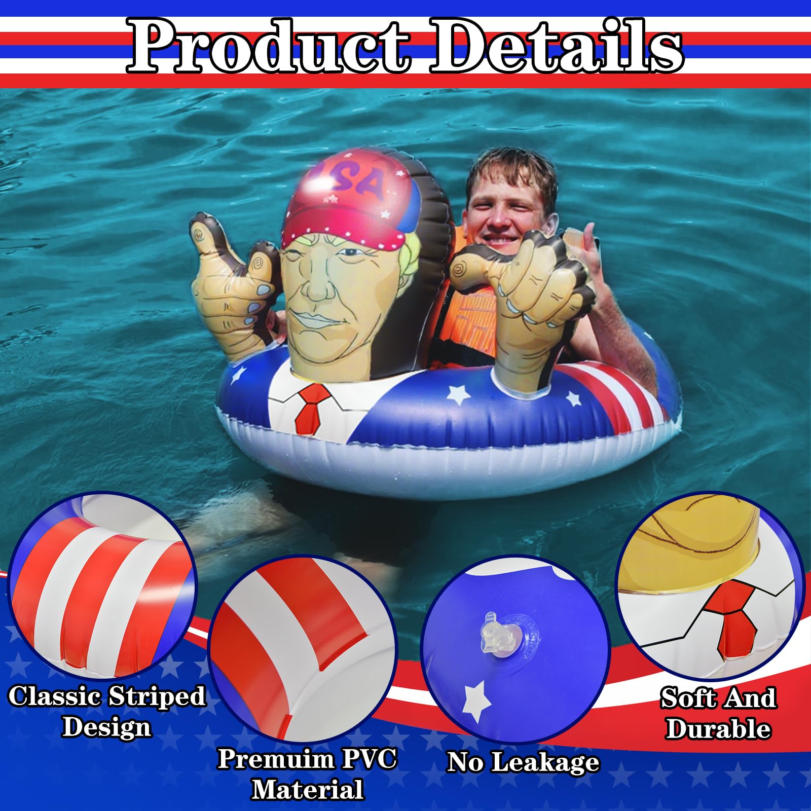 KESOCORAY Presidential Inflatable Pool Float - 36 Inch USA Flag Design with Cartoon Face Armrests
