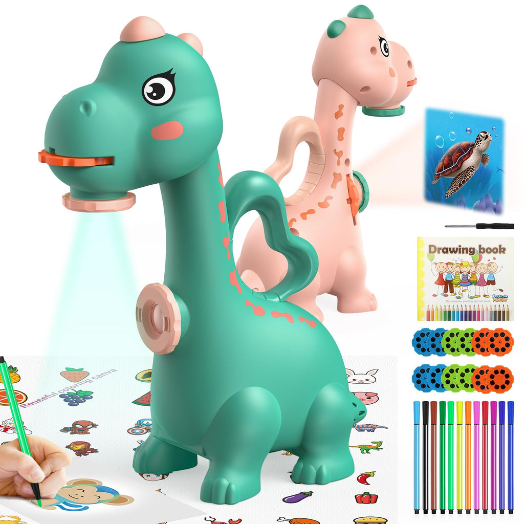 KETIEE Dinosaur Drawing Projector for Kids Ages 5-7 - Two Projection Heads, 96 Stencils, Includes Washable Canvas and Pens (Green)