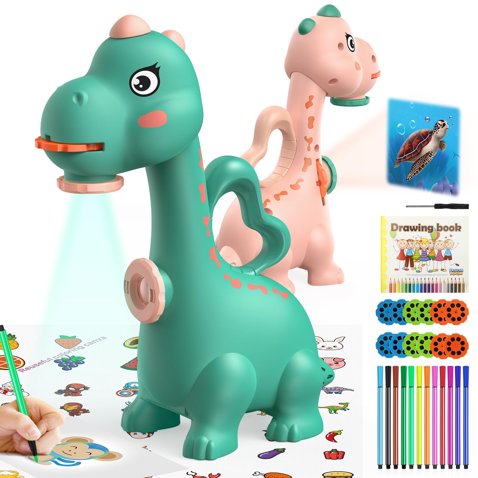 KETIEE Dinosaur Drawing Projector for Kids Ages 5-7 - Two Projection Heads, 96 Stencils, Includes Washable Canvas and Pens (Green)