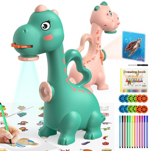 KETIEE Dinosaur Drawing Projector for Kids Ages 5-7 - Two Projection Heads, 96 Stencils, Includes Washable Canvas and Pens (Green)