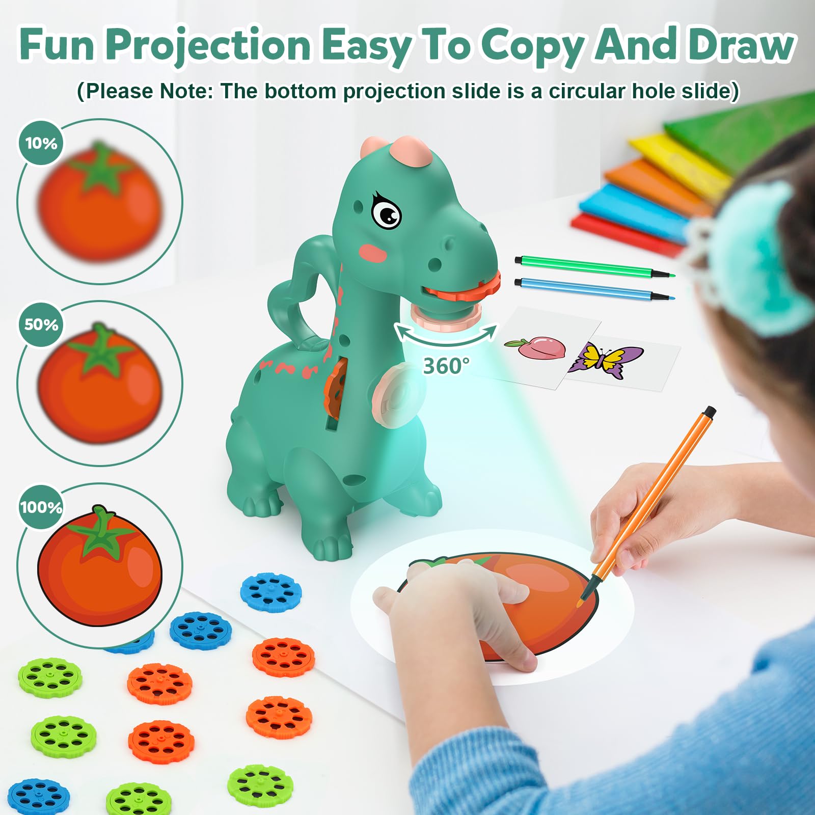 KETIEE Dinosaur Drawing Projector for Kids Ages 5-7 - Two Projection Heads, 96 Stencils, Includes Washable Canvas and Pens (Green)