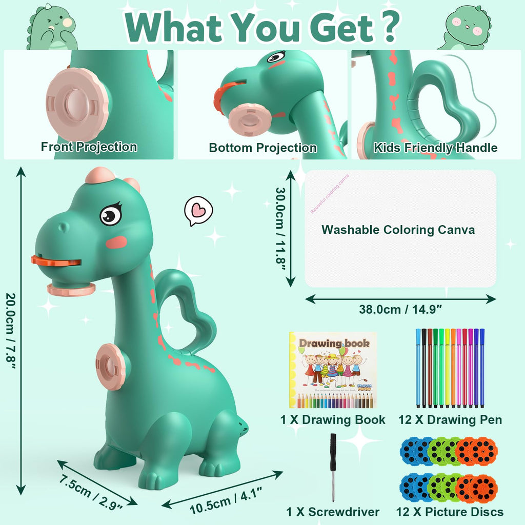 KETIEE Dinosaur Drawing Projector for Kids Ages 5-7 - Two Projection Heads, 96 Stencils, Includes Washable Canvas and Pens (Green)