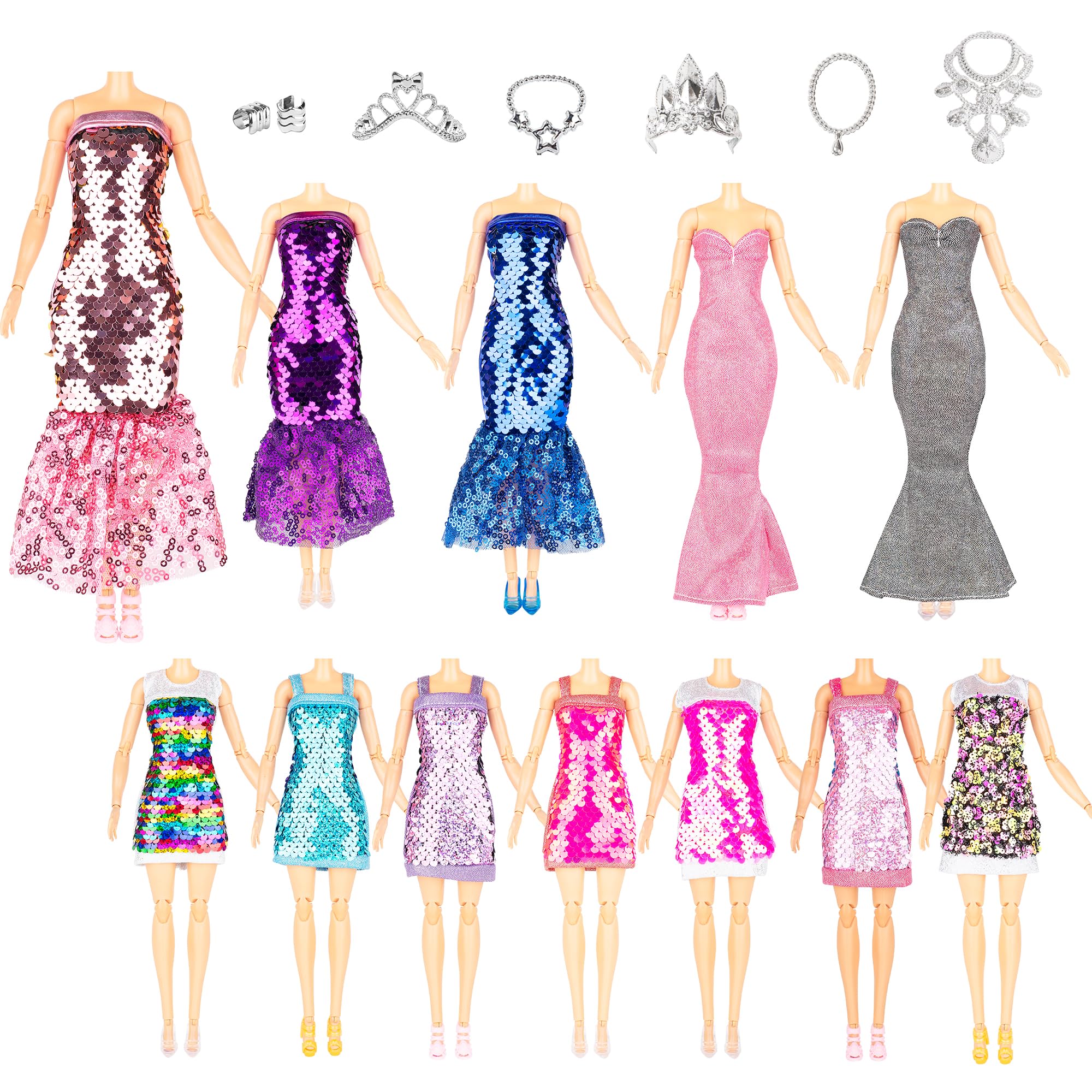 Keysse 29-Piece Glitter Sequin Mermaid Doll Clothes Set – 12 Dresses, 10 Shoes & 7 Accessories for 11.5 Inch Fashion Dolls