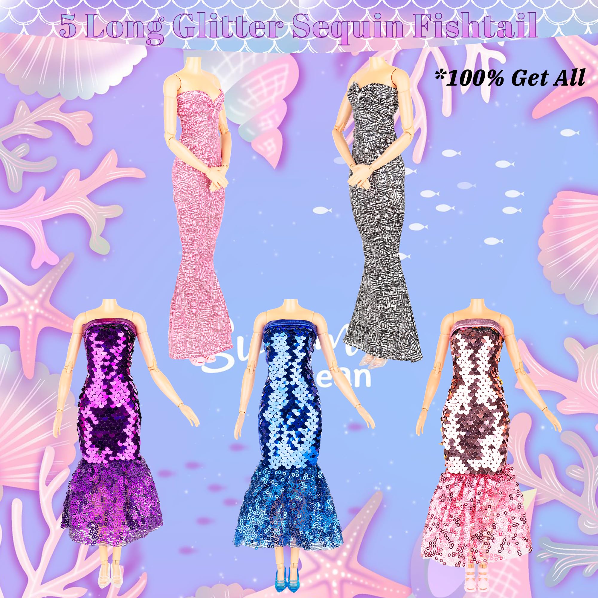 Keysse 29-Piece Glitter Sequin Mermaid Doll Clothes Set – 12 Dresses, 10 Shoes & 7 Accessories for 11.5 Inch Fashion Dolls