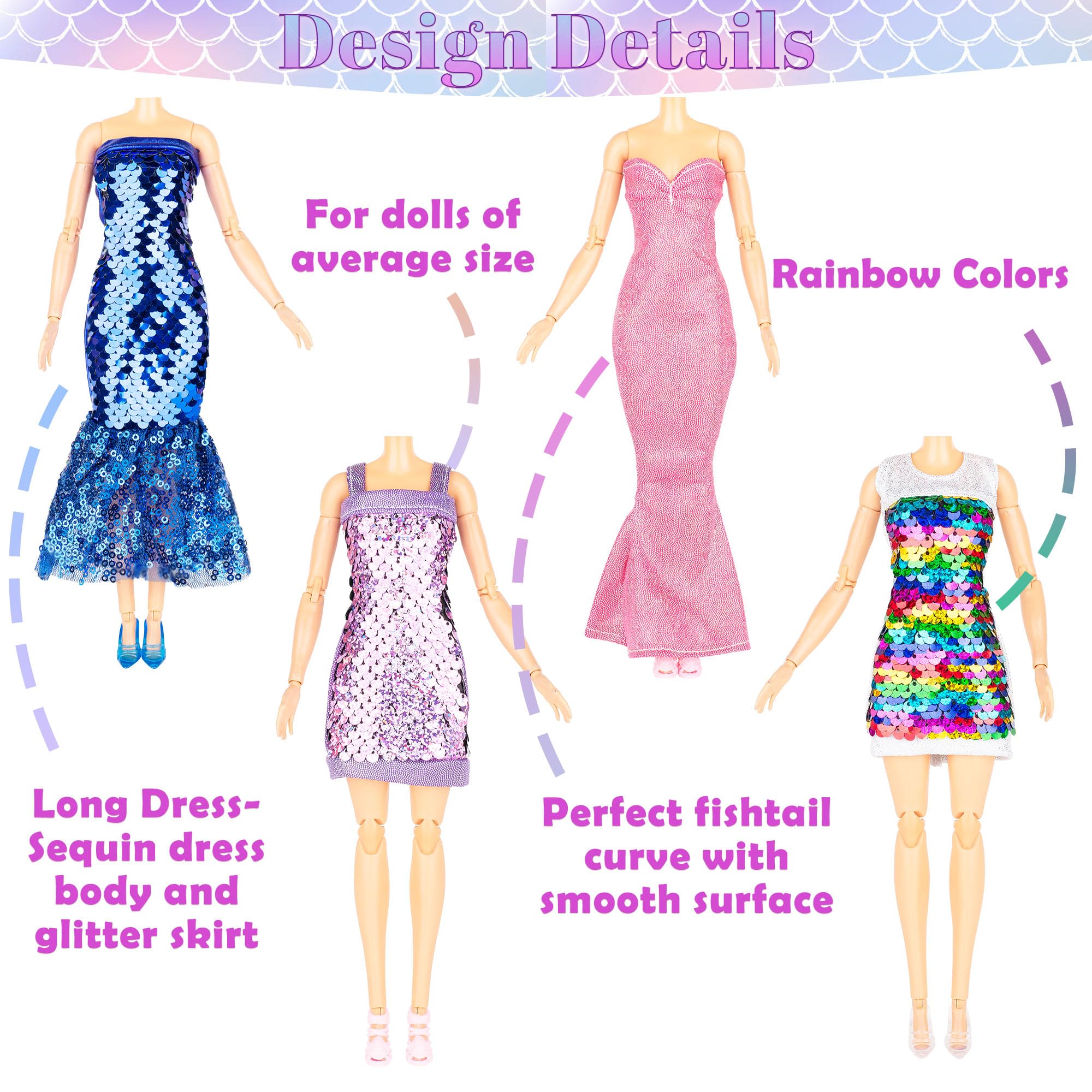 Keysse 29-Piece Glitter Sequin Mermaid Doll Clothes Set – 12 Dresses, 10 Shoes & 7 Accessories for 11.5 Inch Fashion Dolls