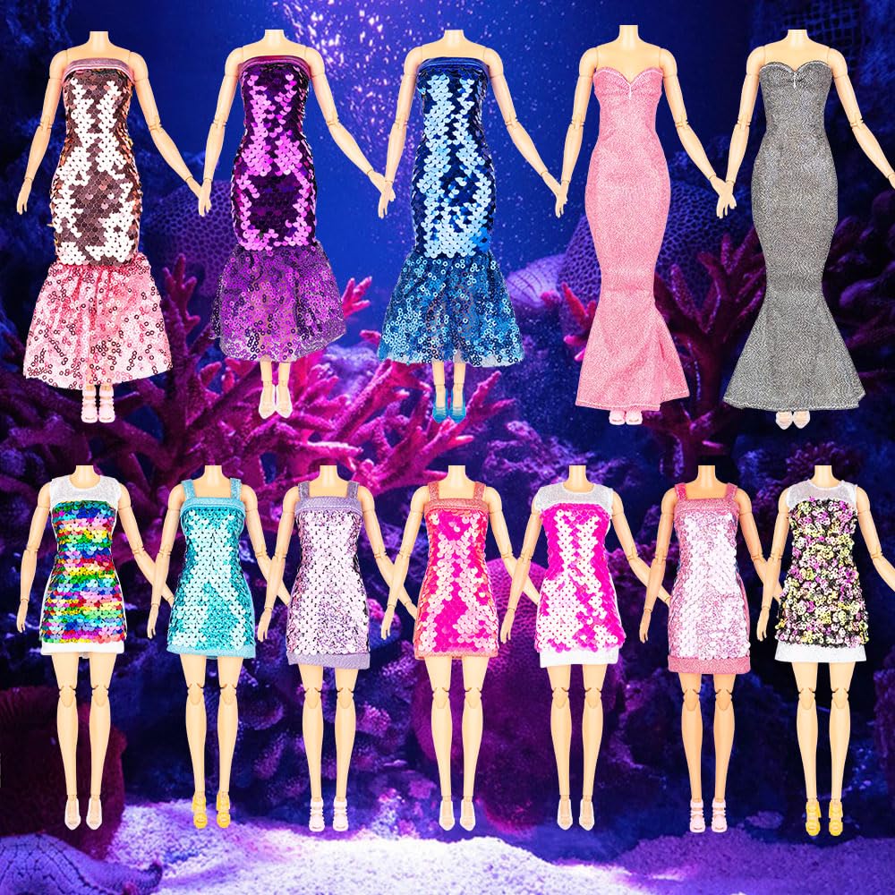 Keysse 29-Piece Glitter Sequin Mermaid Doll Clothes Set – 12 Dresses, 10 Shoes & 7 Accessories for 11.5 Inch Fashion Dolls