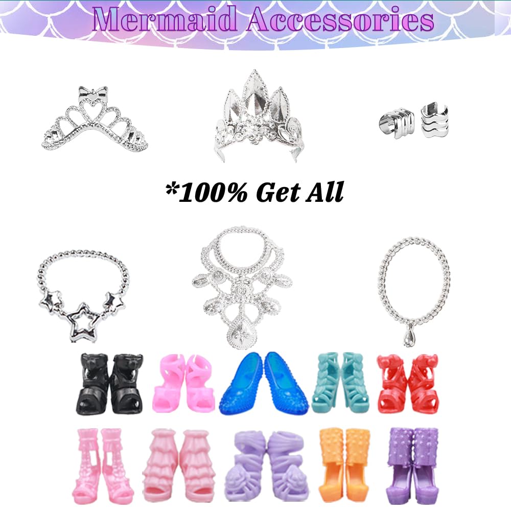Keysse 29-Piece Glitter Sequin Mermaid Doll Clothes Set – 12 Dresses, 10 Shoes & 7 Accessories for 11.5 Inch Fashion Dolls