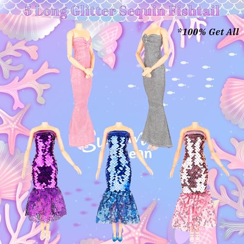 Keysse 29-Piece Glitter Sequin Mermaid Doll Clothes Set – 12 Dresses, 10 Shoes & 7 Accessories for 11.5 Inch Fashion Dolls