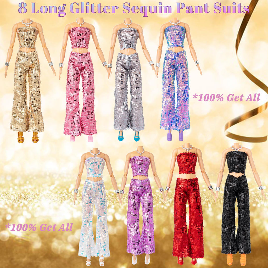 Keysse 38-Piece Doll Fashion Wardrobe: 8 Sequin Suits, 10 Dresses, 10 Shoes, 10 Jewelry – Fits 11-11.8 Inch Dolls – Velcro Closure