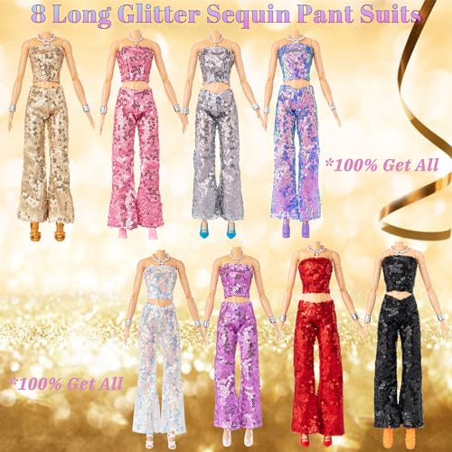 Keysse 38-Piece Doll Fashion Wardrobe: 8 Sequin Suits, 10 Dresses, 10 Shoes, 10 Jewelry – Fits 11-11.8 Inch Dolls – Velcro Closure