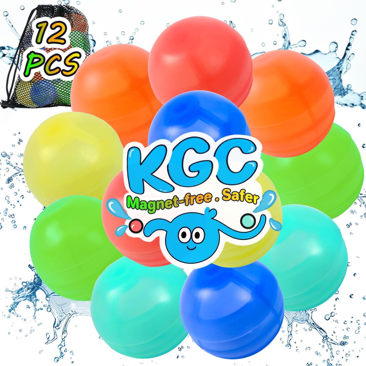 KGC 12-Pack Reusable Water Balloons – Magnet-Free Silicone Splash Balls for Kids