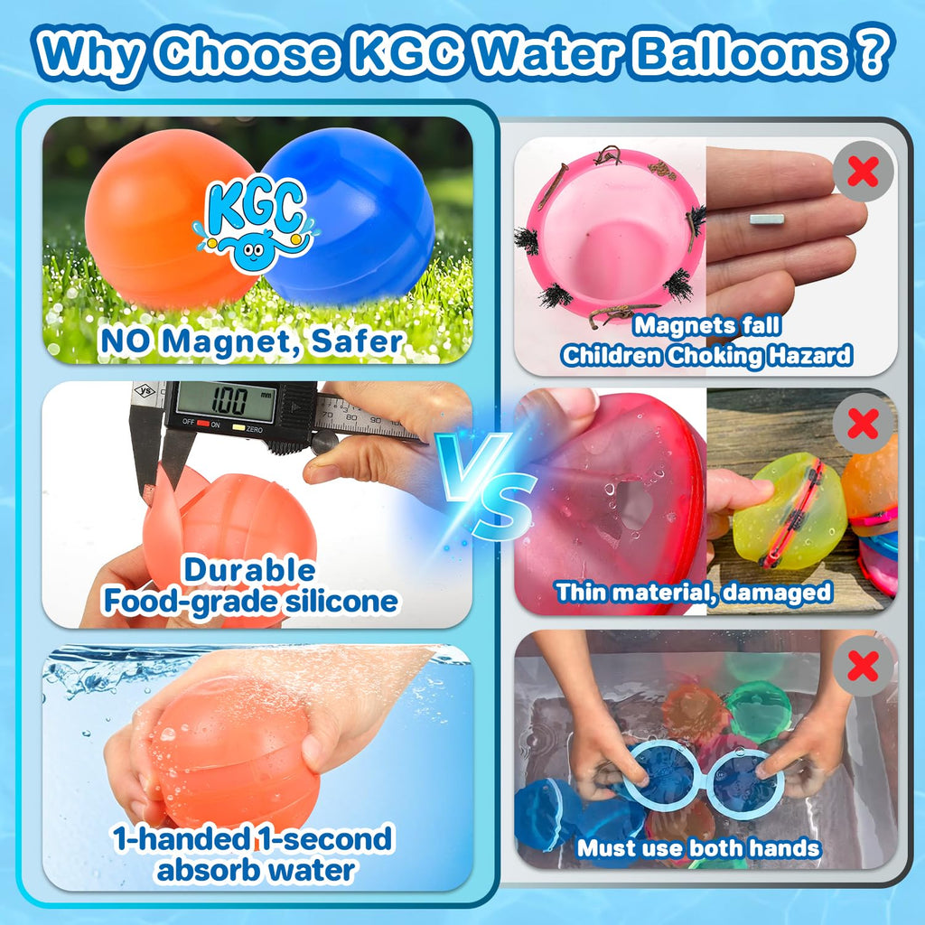 KGC 12-Pack Reusable Water Balloons – Magnet-Free Silicone Splash Balls for Kids