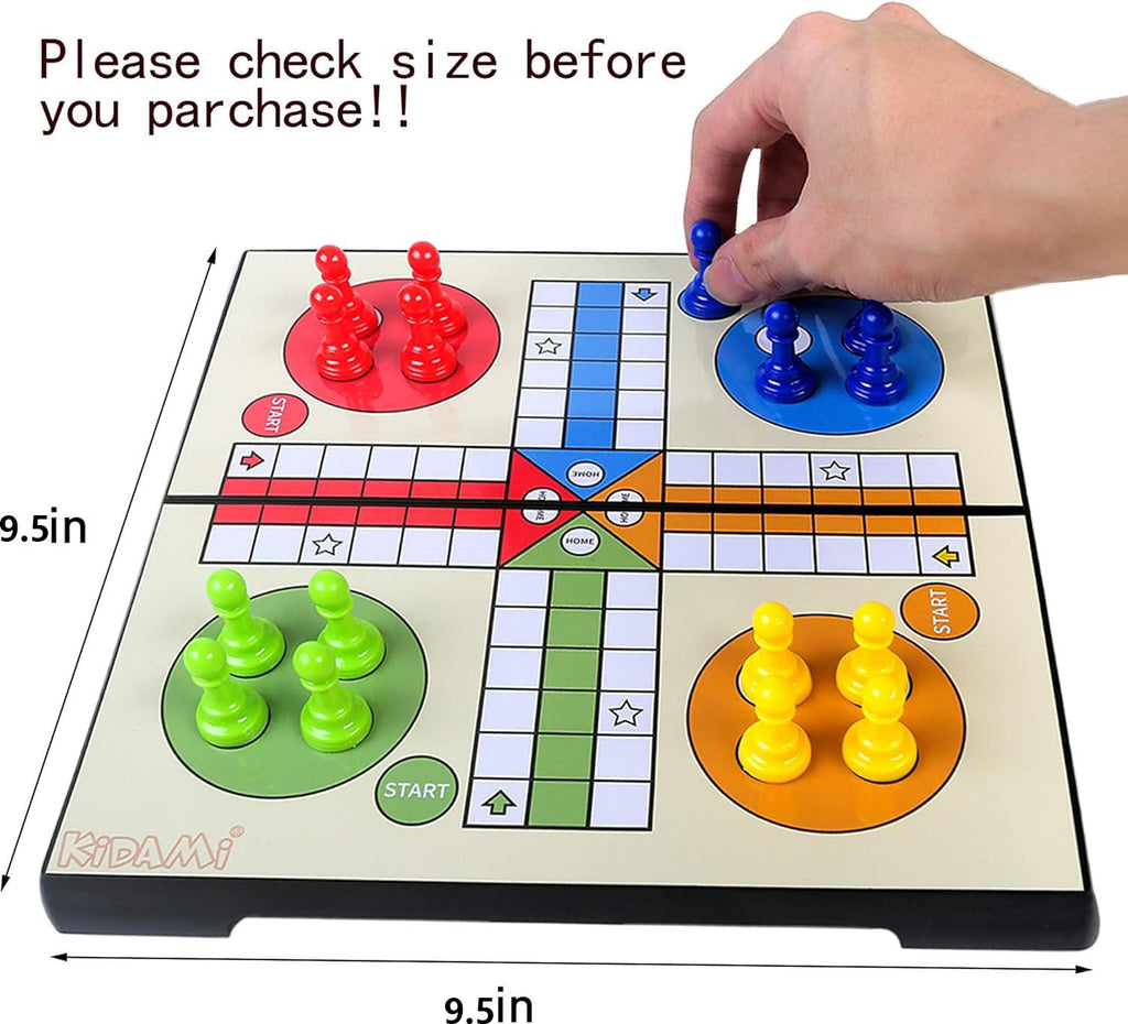 KIDAMI Magnetic Ludo Board Game – Foldable, Portable Travel Set for All Ages (9.5x9.5 in)