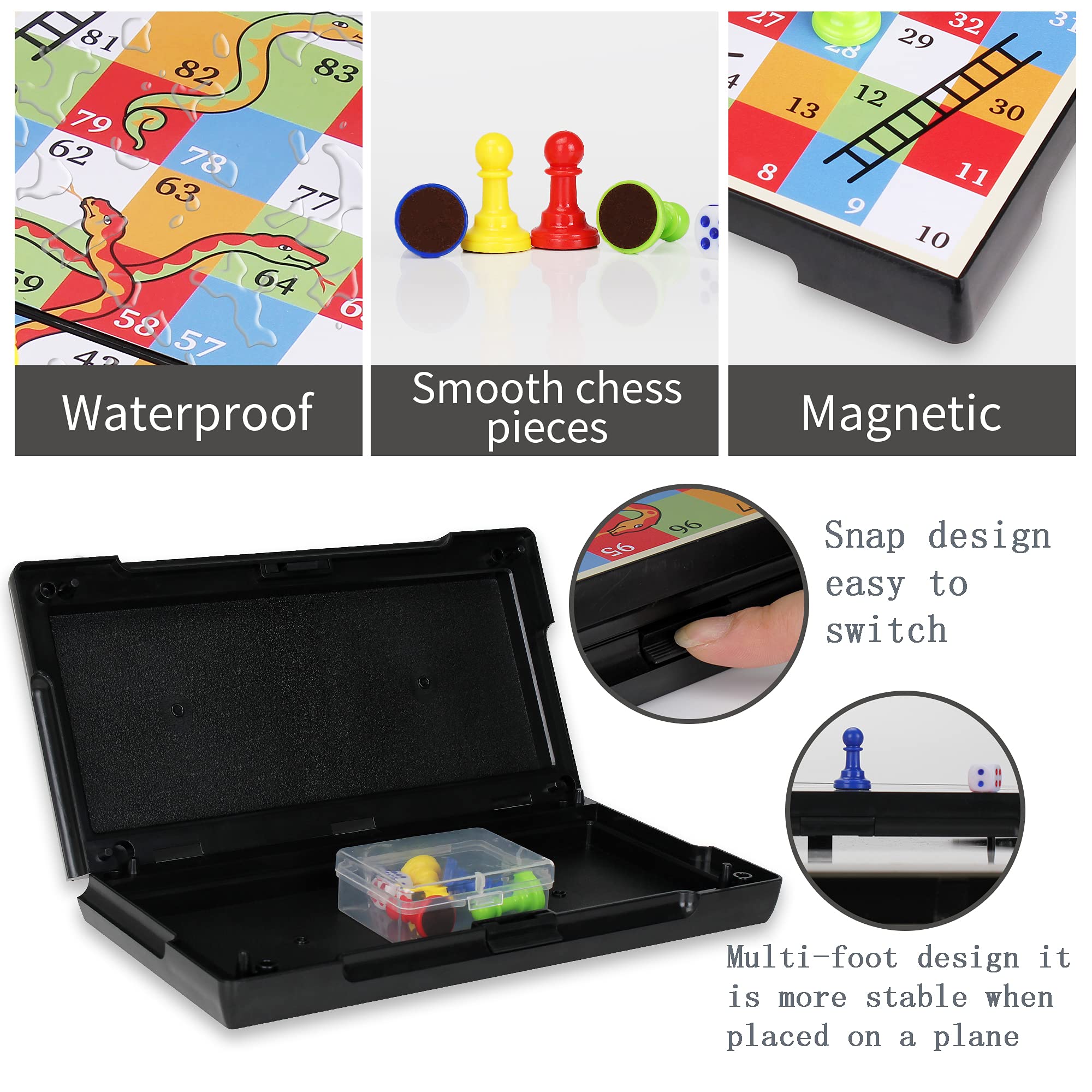 KIDAMI Magnetic Snakes and Ladders Board Game – 9.75-Inch Travel Set with Storage Box